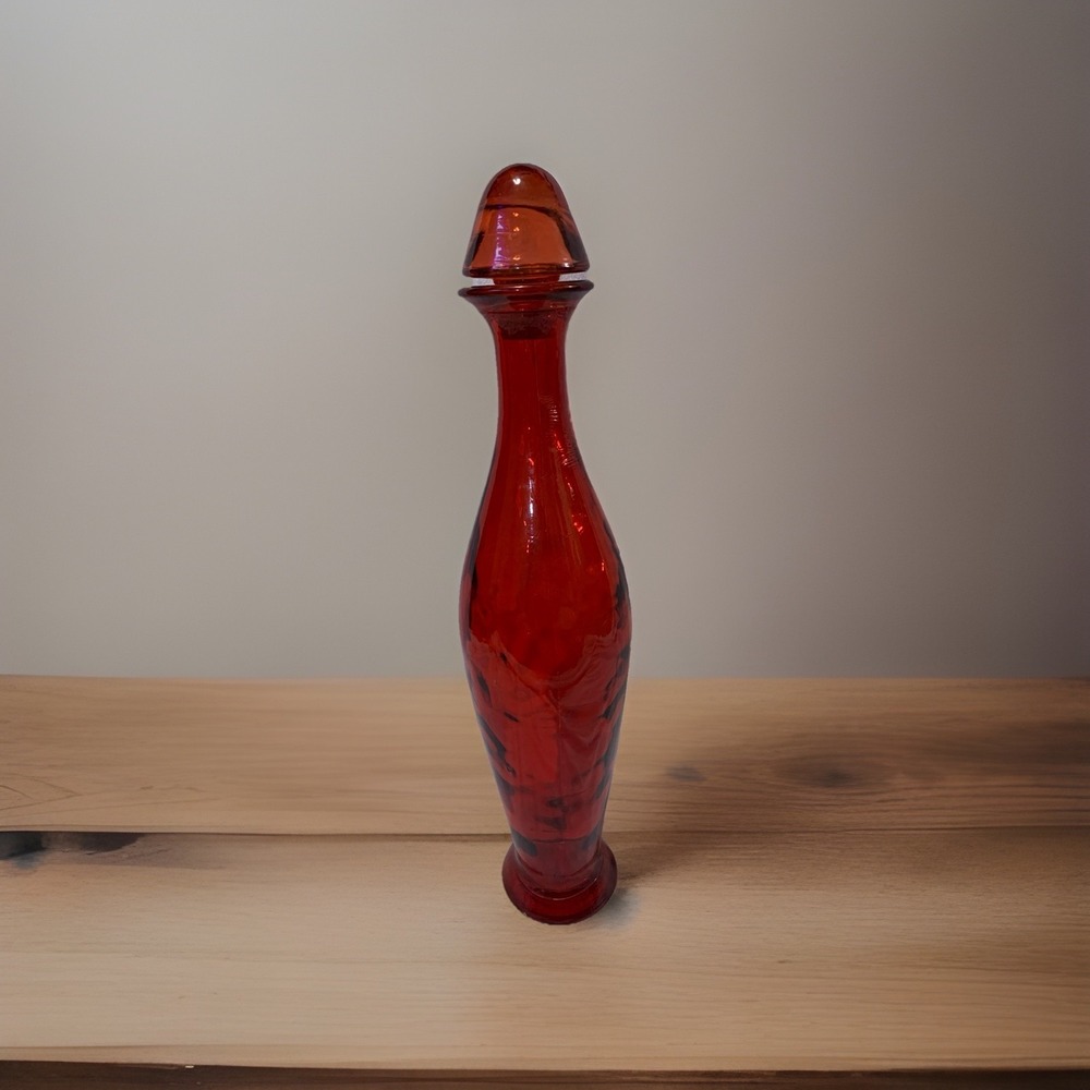 Retro Ruby Red Decanter Blown Glass Decorative Art Vase Bottle Pier 1 Spain